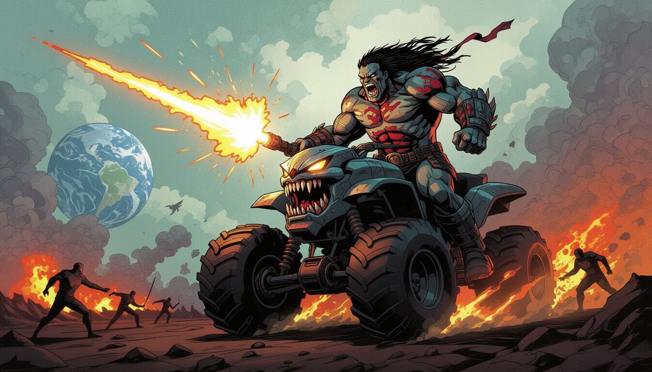 Enraged Cyborg Warrior Rides Fiery Monster