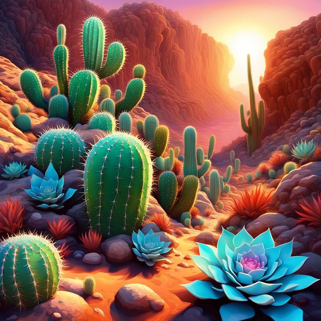 Magical Desert Canyon Sunset with Fairies, 3D Render