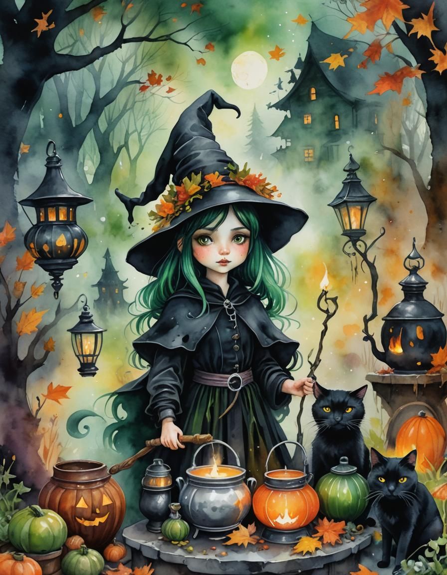 Enchanting Little Witch with Black Cat, Detailed Oil Paintin...