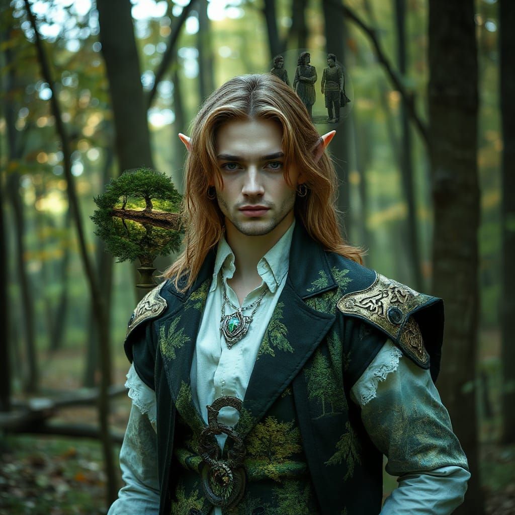 Elven Male Model in Mystical Forest: Double Exposure