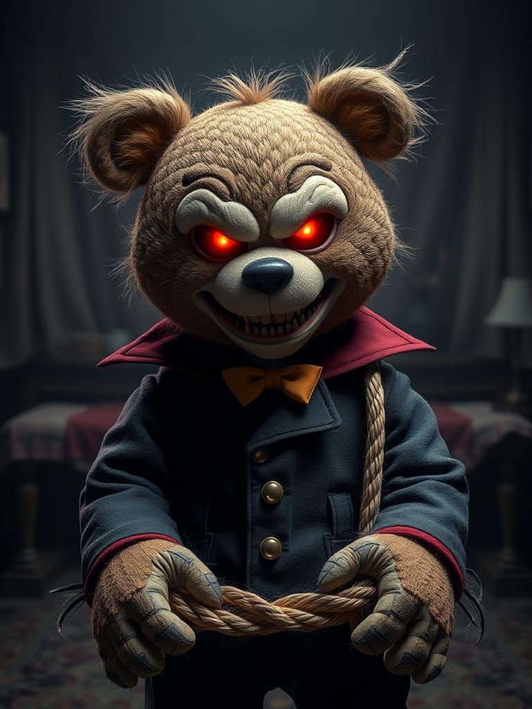 Ominous Teddy Bear Villain in Dark Living Room