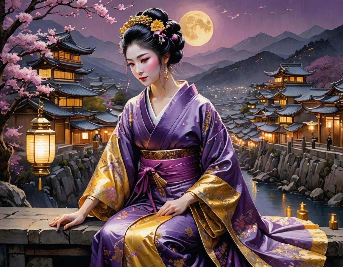 Geisha in Lace Dress Overlooking Village, Digital Art