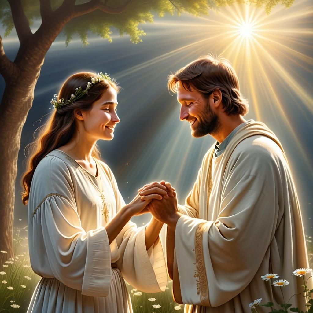 Biblical Scene: Man's Kindness Under Heavenly Rays