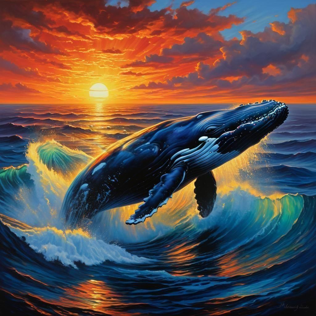 Breaching Humpback Whale Leaping, as Oil Painting