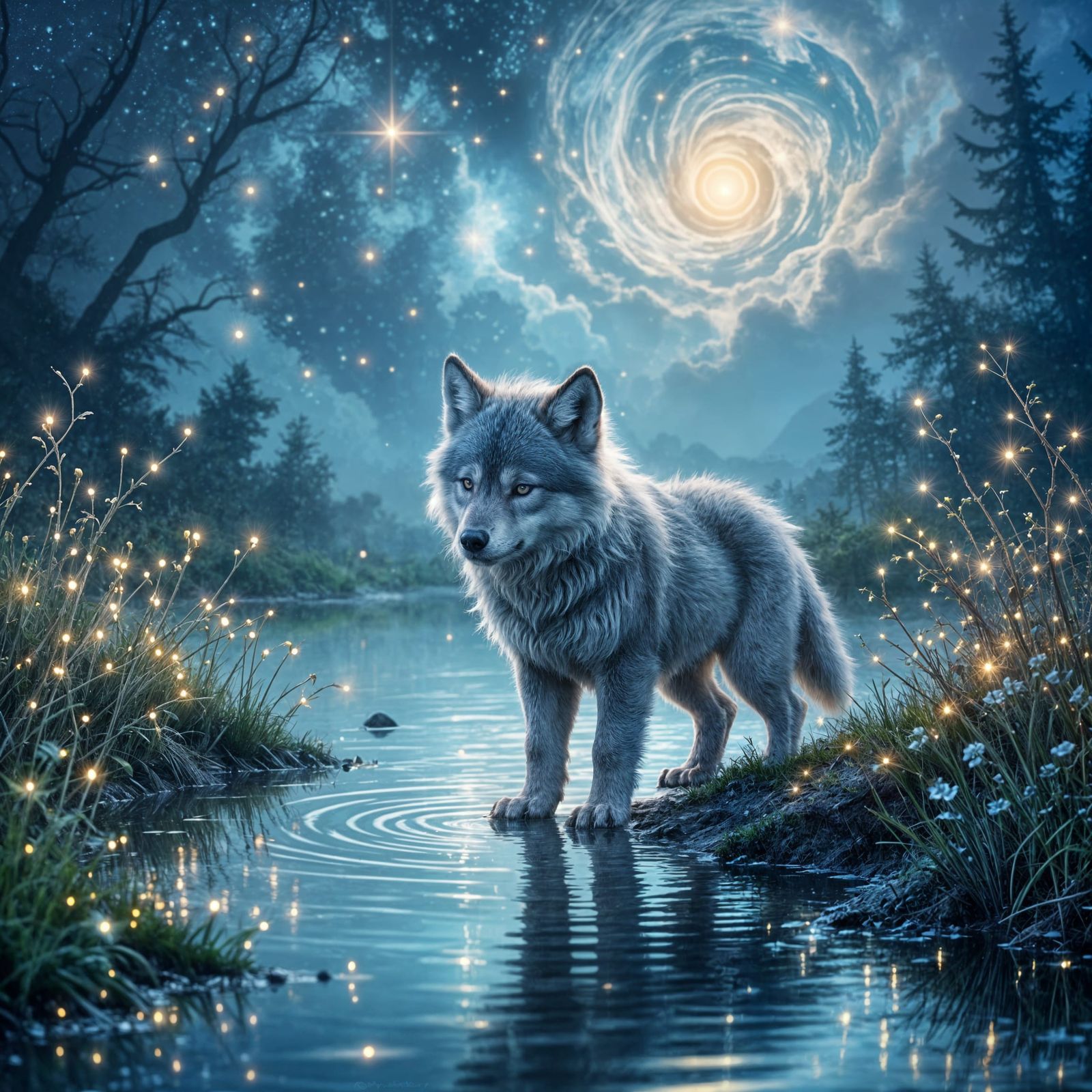 Wolf Pup Under Ethereal Moonlit Sky