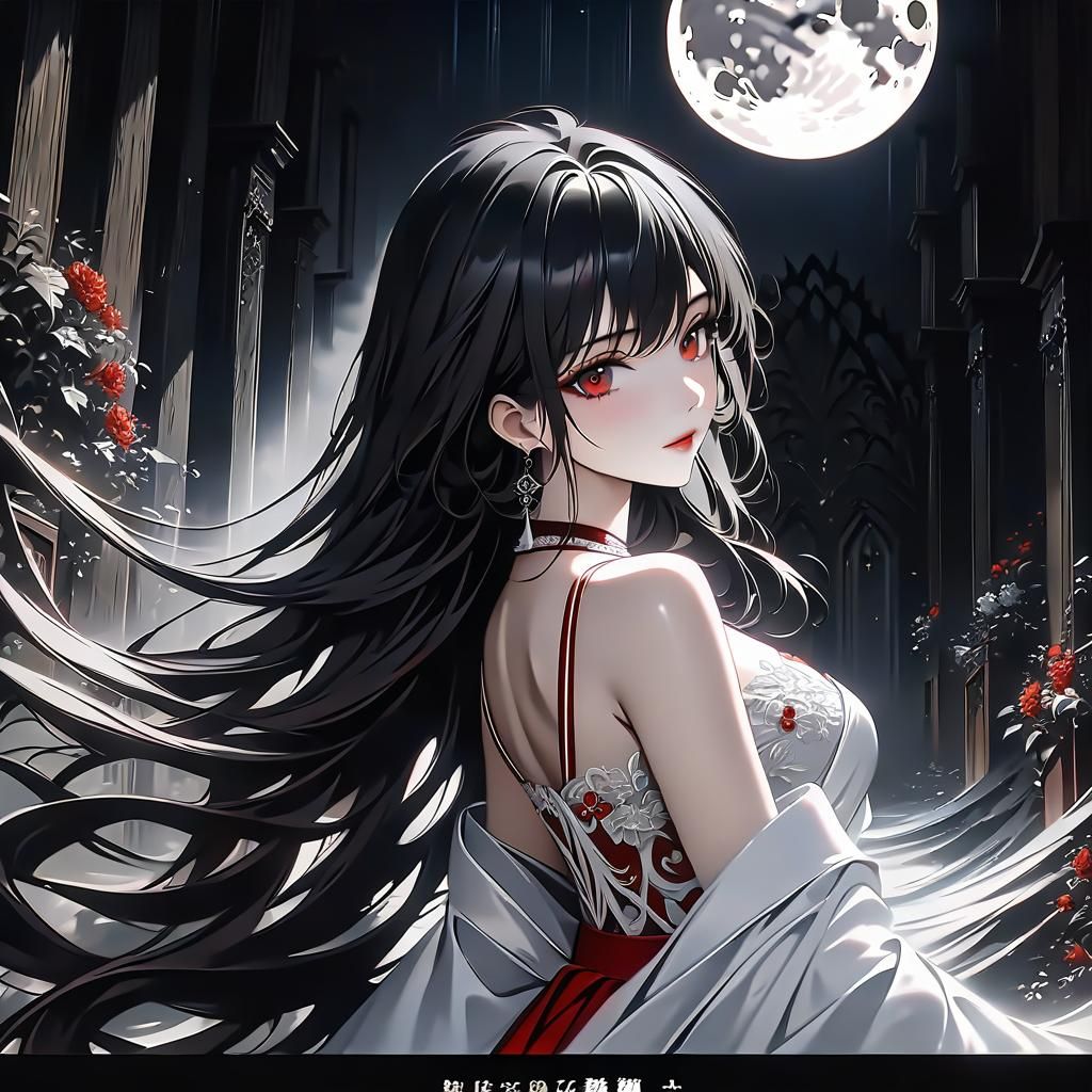 Beautiful Woman in Kimono Against Shining Moon