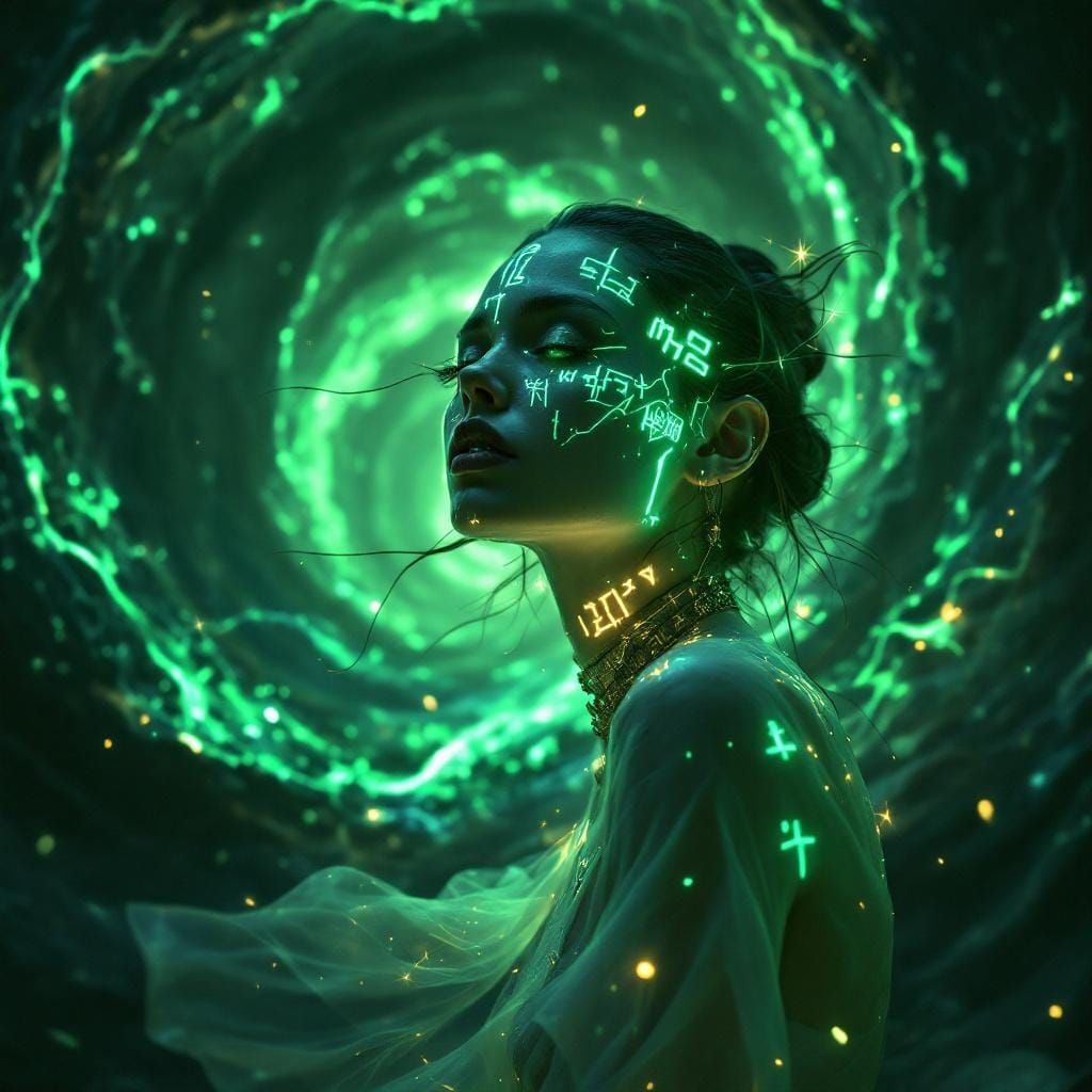 Futuristic Woman with Neon Tattoos in Fractal Vortex