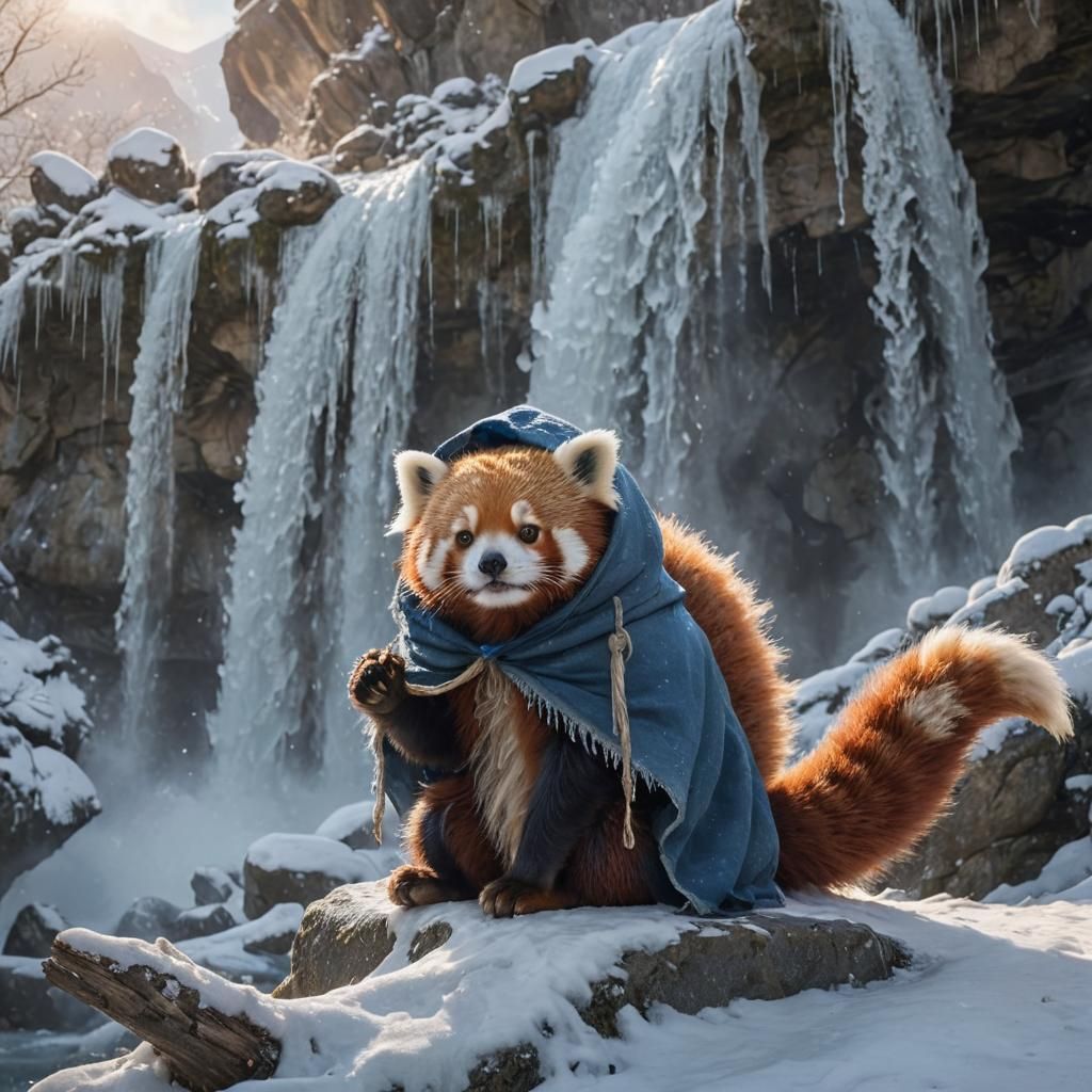 Medieval Red Panda Under Frozen Waterfall