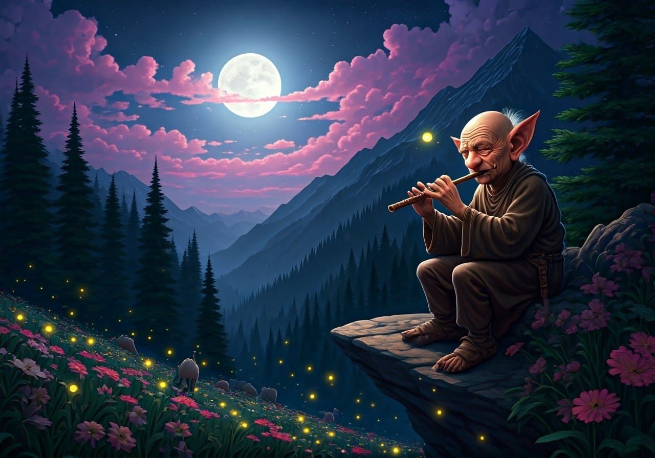 Halfling's Moonlit Serenade in Brian Froud Style