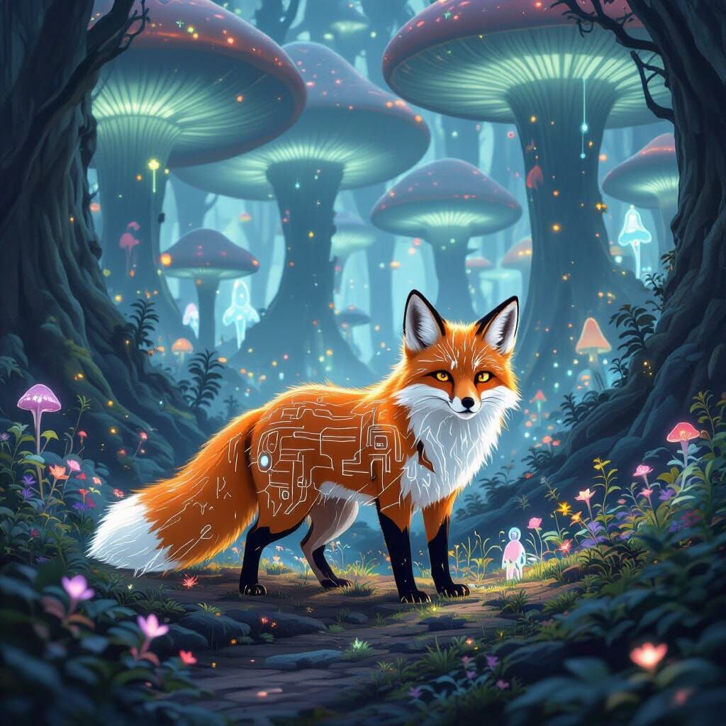 Bioluminescent Fox in Alien Forest, Cyberpunk Ghibli Style