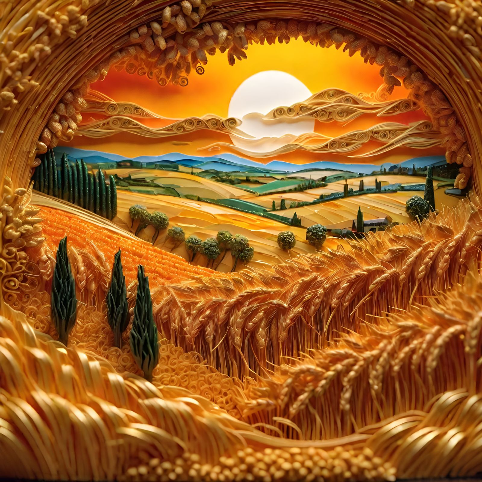 3d concept diorama Golden wheat fields swaying under swirling clouds