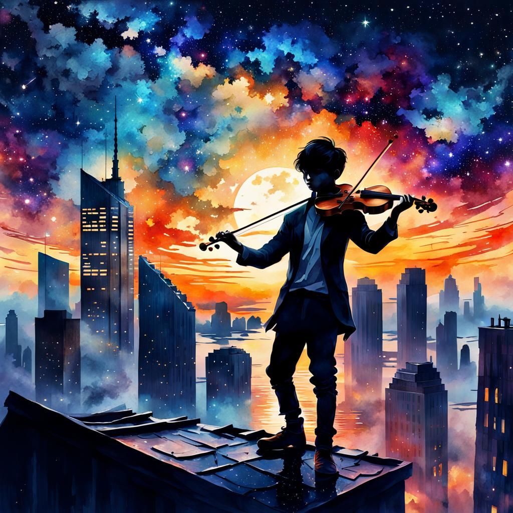 Boy Playing Violin on Starry Skyscraper: Watercolor Art