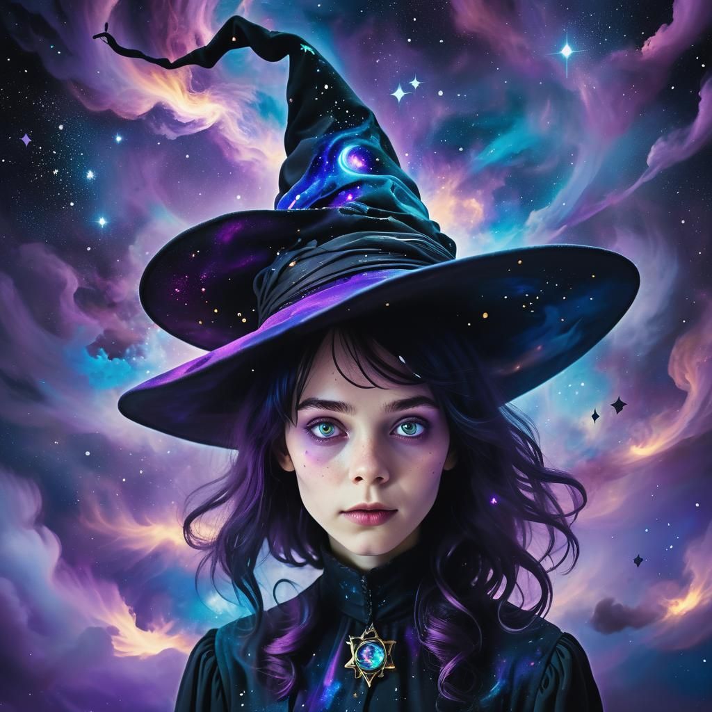 Cosmic Witch Portrait in Abstract Expressionist Style