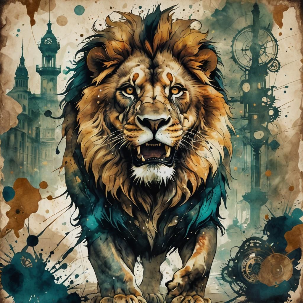 Lion in Steampunk London: Ink Painting Style