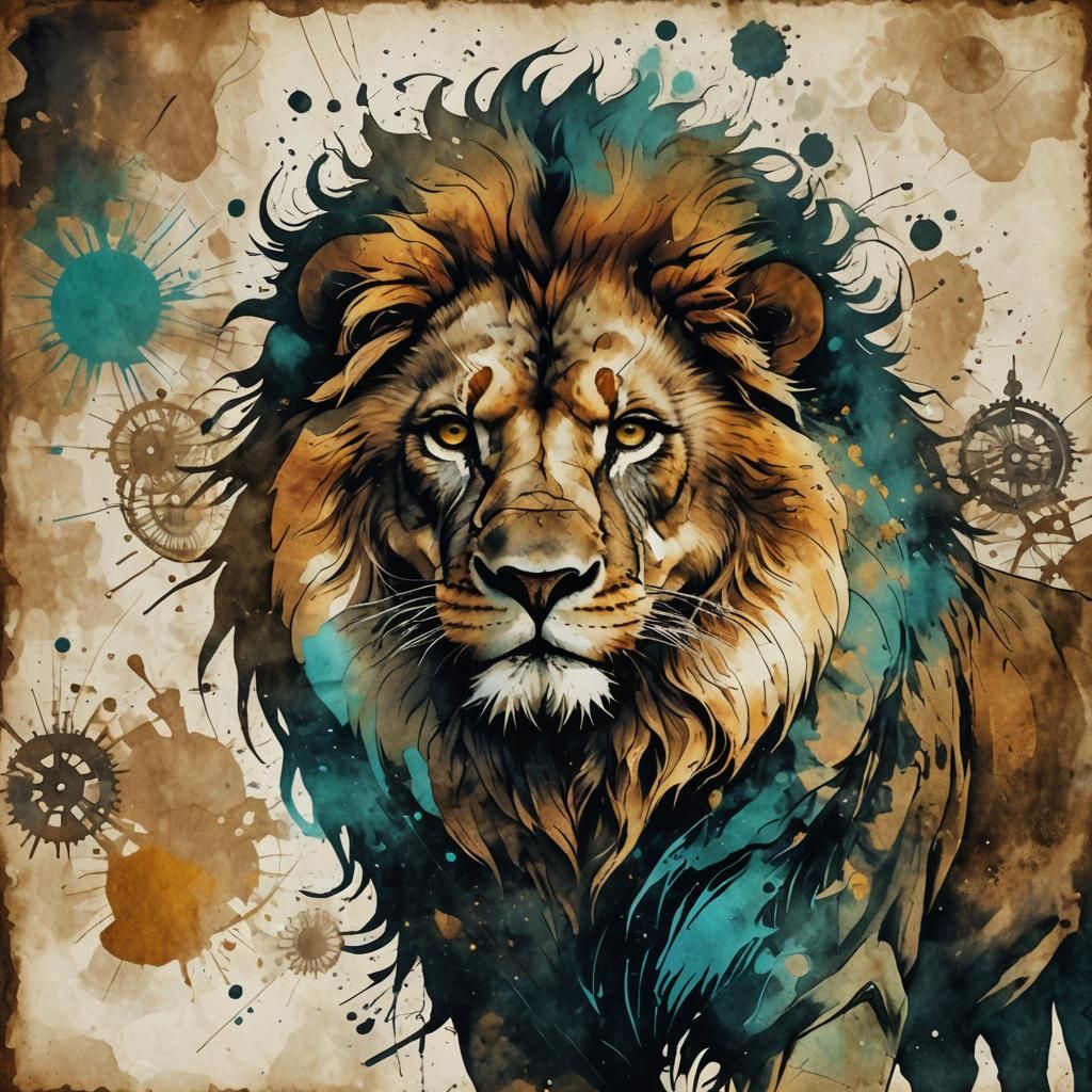 Steampunk Lion Double Exposure Ink Painting