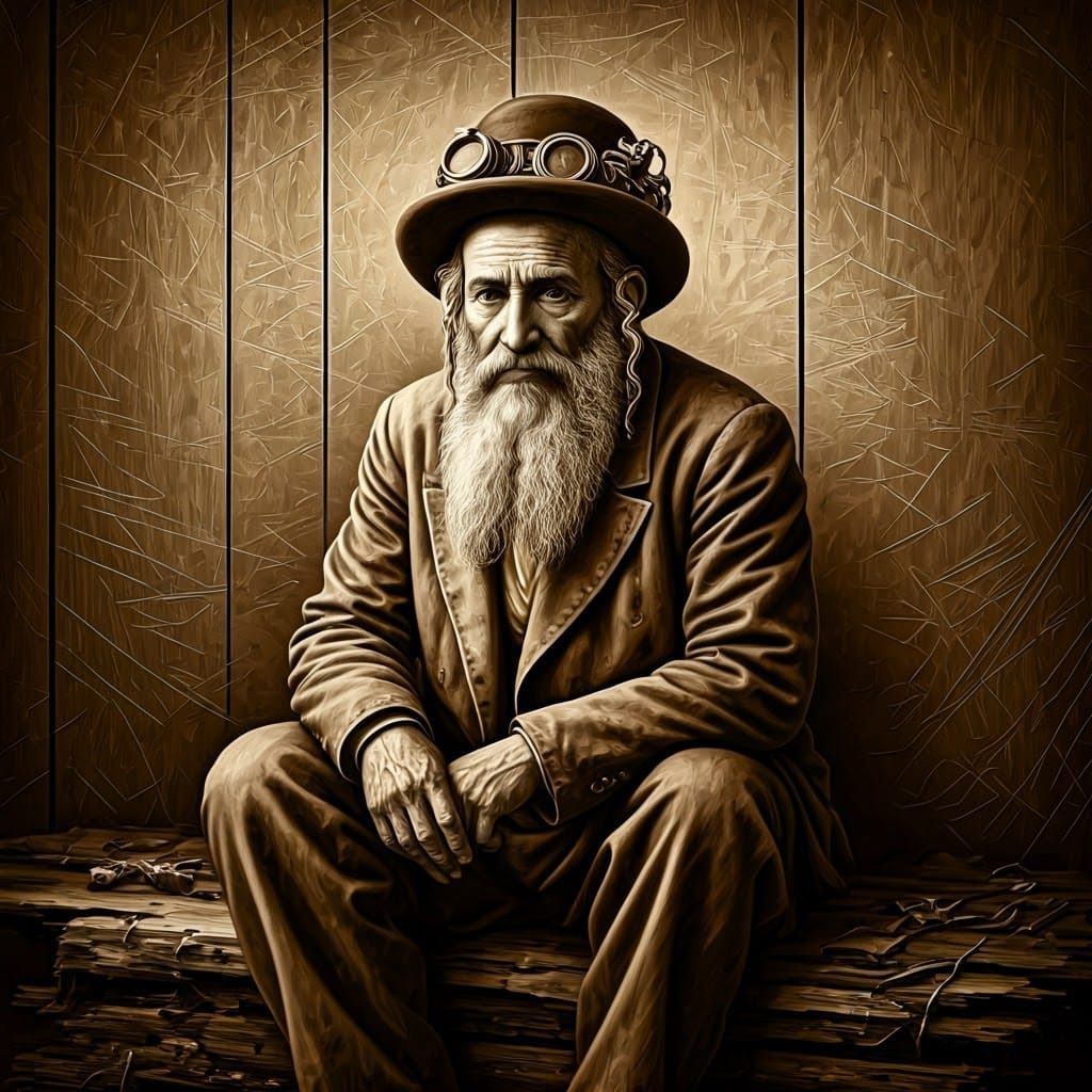 Monochromatic Portrait in Distressed Dark Brown Wood