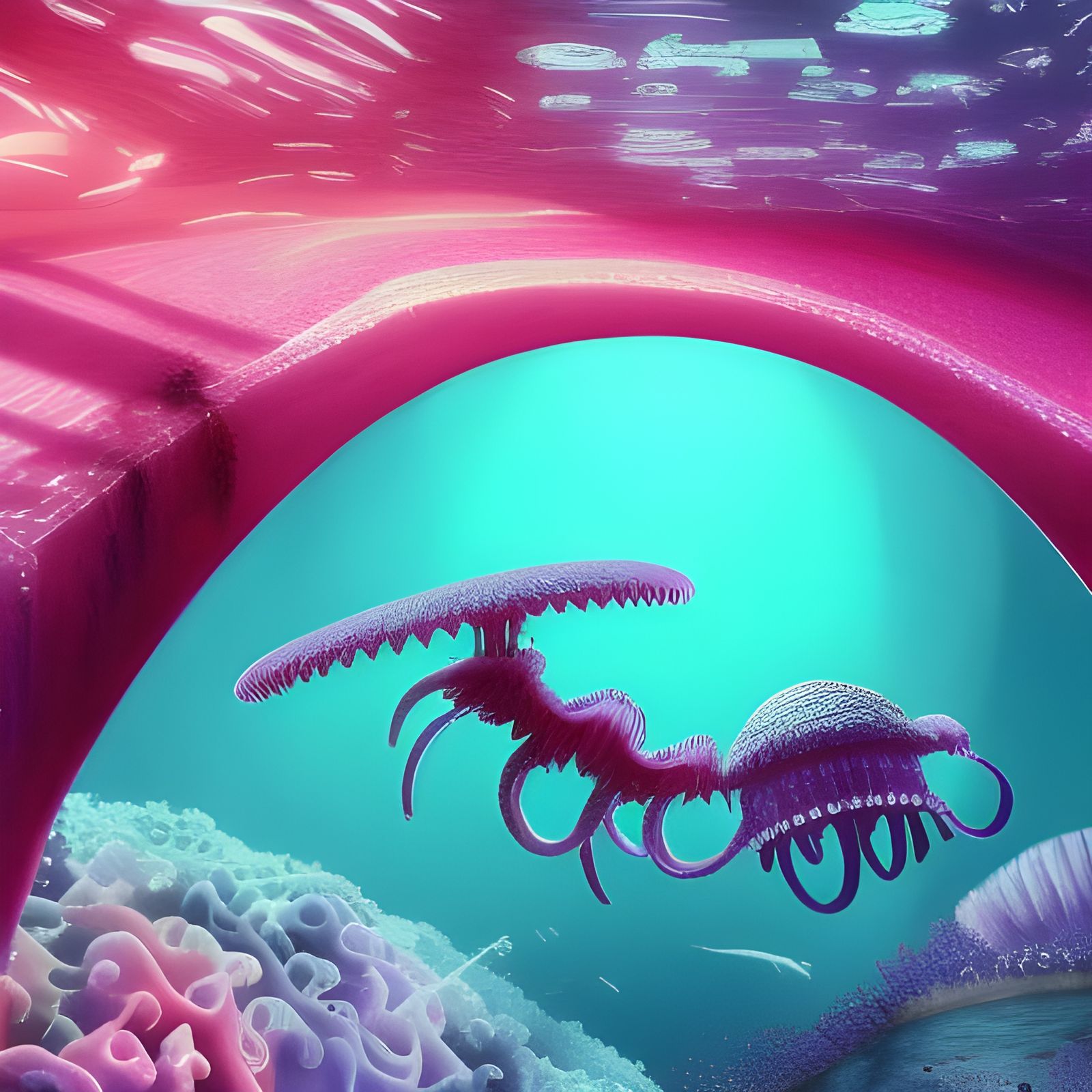 Underwater Pink Cyborg City in Detailed Matte Painting