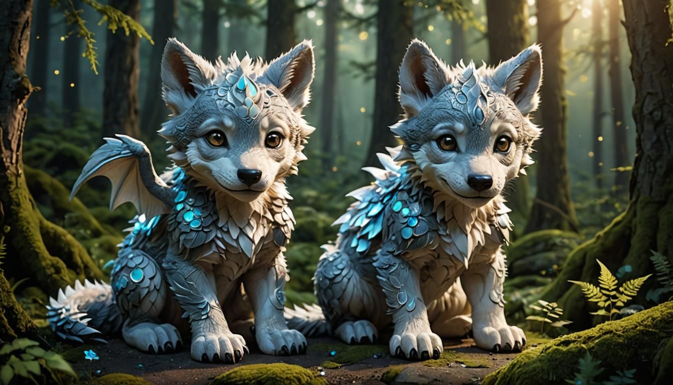 "« Adorable bébé loup avec seulement 4 pattes Equipé de 2 ailes de chaque côté de son dos. , de petites lucioles lumines...