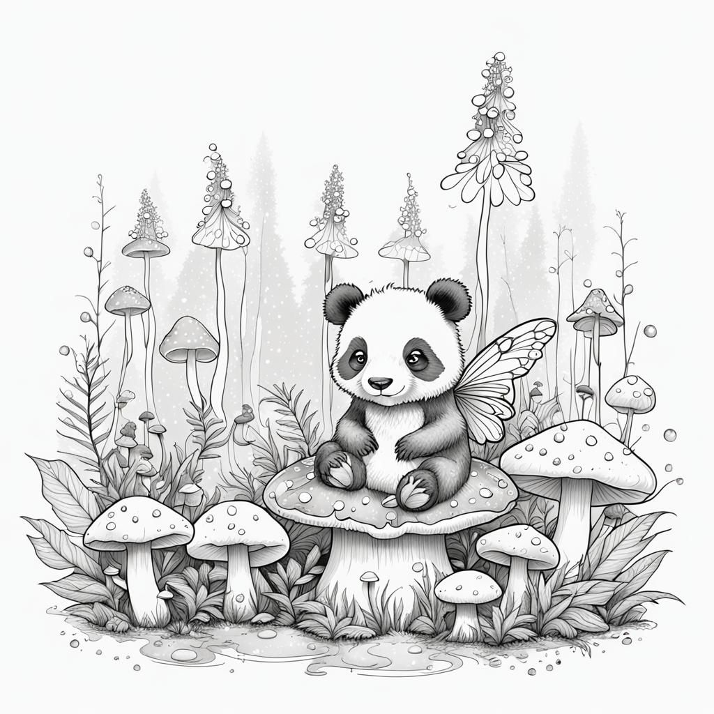 Whimsical Fairy Panda in Single-Line Art