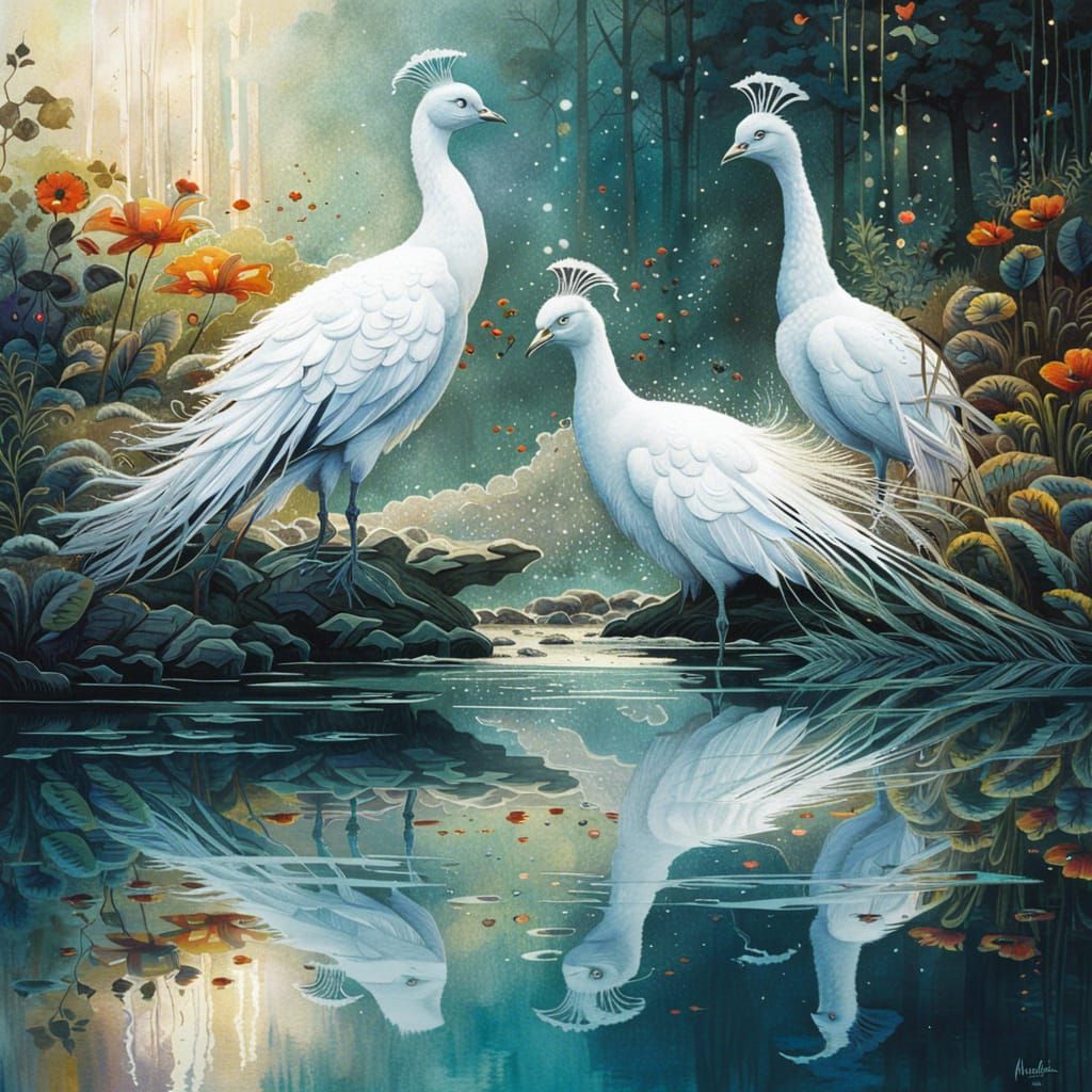 White Peacocks in Mirrored Watercolor Reflection