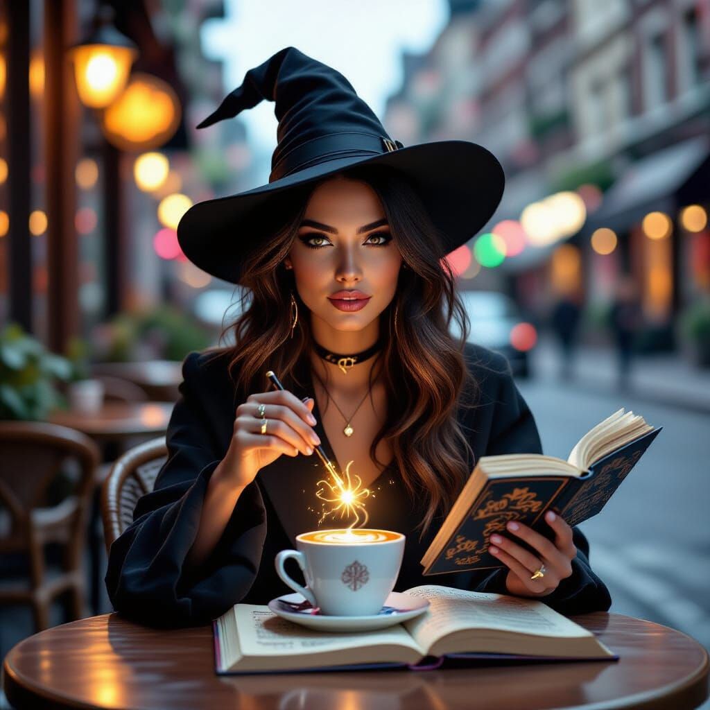 Modern Witch Enjoys Latte with Glowing Wand in Urban Cafe