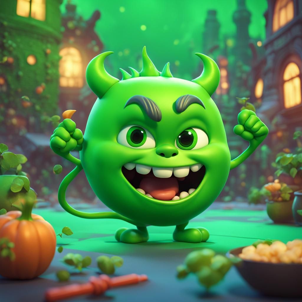 Cute Happy Green Devil in 3D Cartoon Style