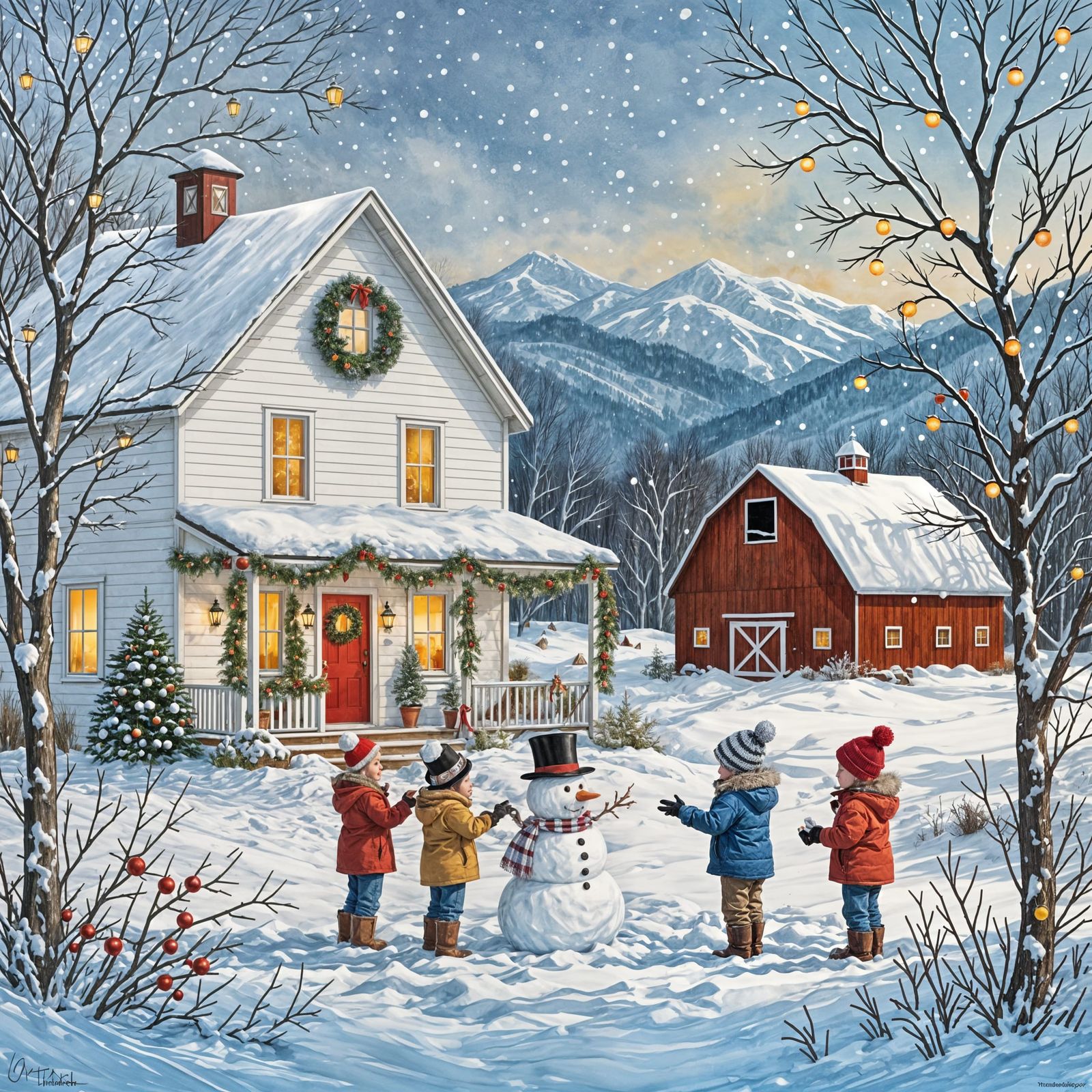 Christmas Farmhouse Snowman Scene in Watercolor Style