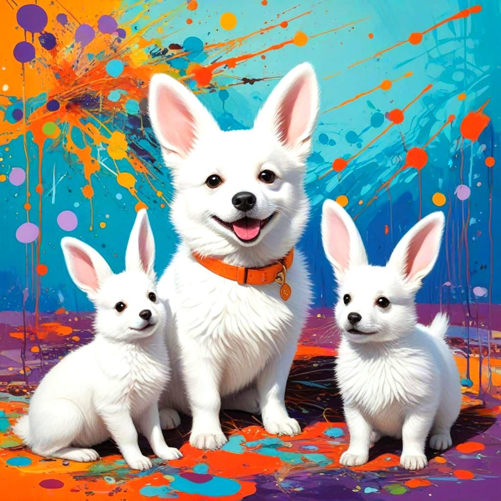 Playful Rabbits Meet Adorable Japanese Spitz in Whimsical Ar...