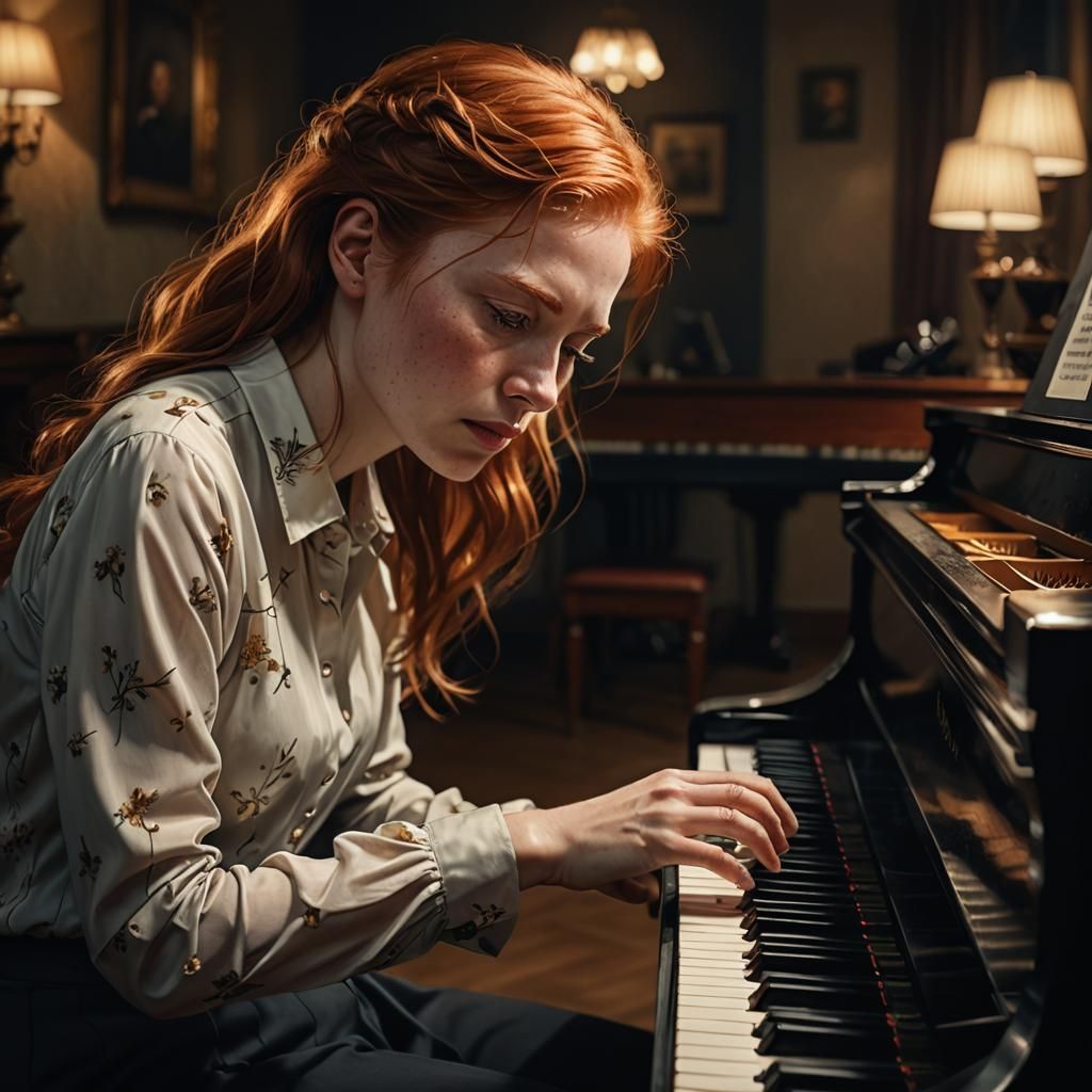Redhead Woman's Awkward Piano Performance: Digital Art