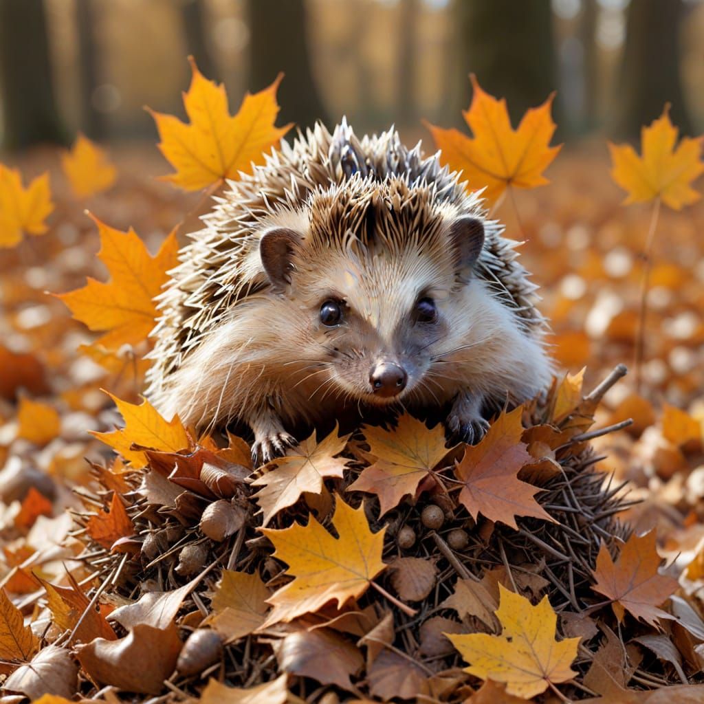 Cute Hedgehog With Autumn Leaves on Quills