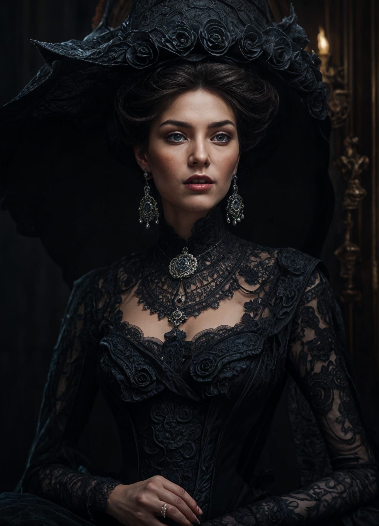 Majestic Witch in Black Lace: Hyperdetailed Portrait