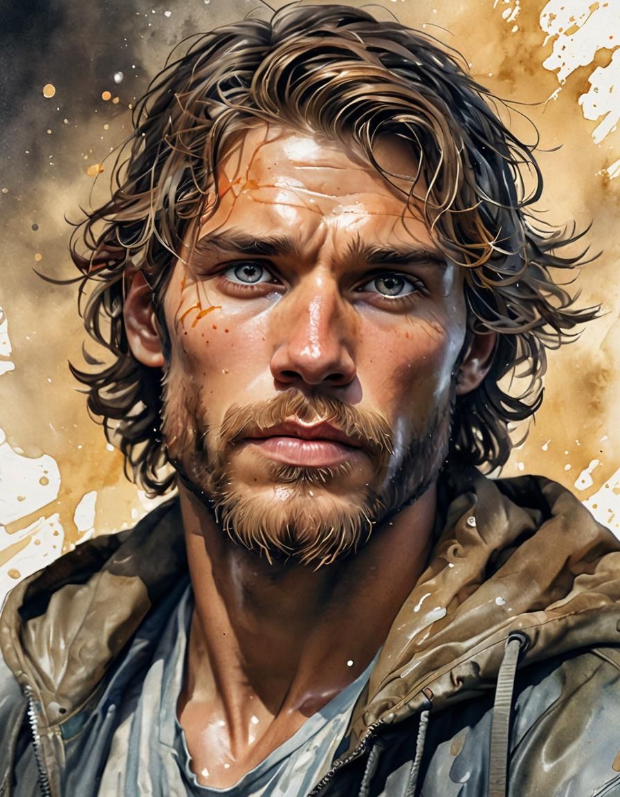 Handsome Man Watercolour Portrait in Hyperdetailed Style