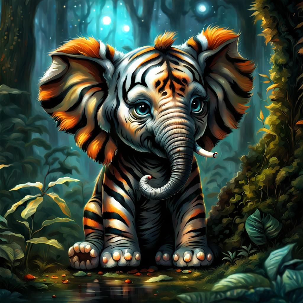 Enchanted Forest: Elephant-Tiger Hybrid in Dark Fantasy Styl...