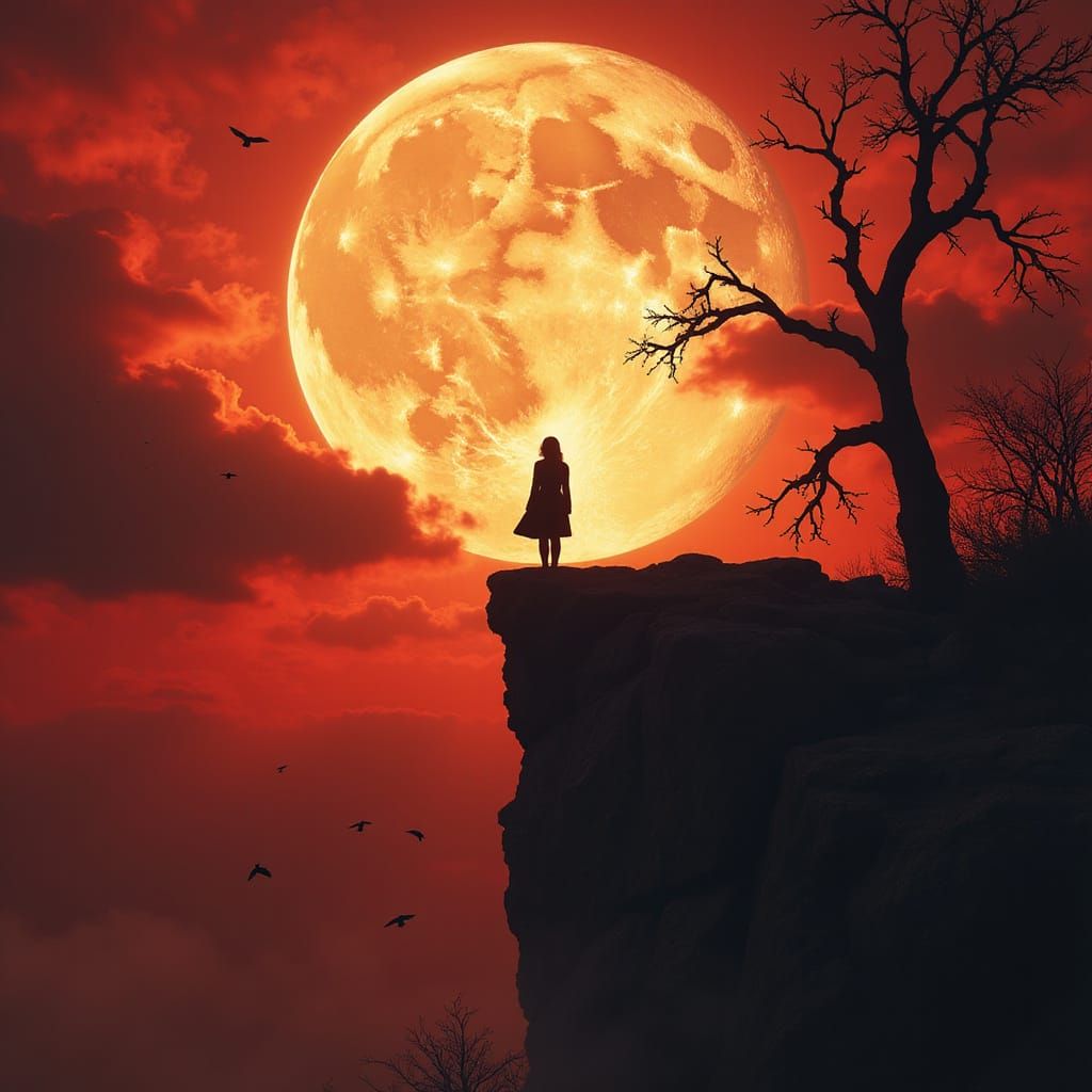 Crimson Moon: Solitary Figure in Dramatic Landscape