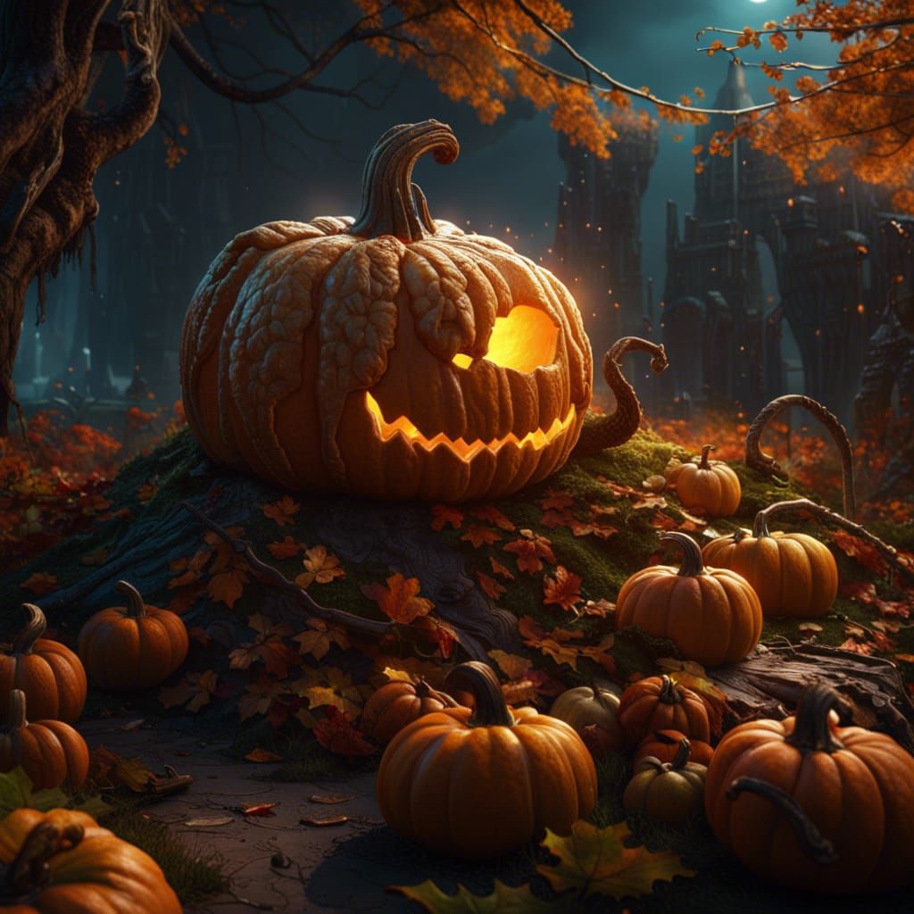 Fantastical Pumpkin: Detailed Matte Painting in Deep Color