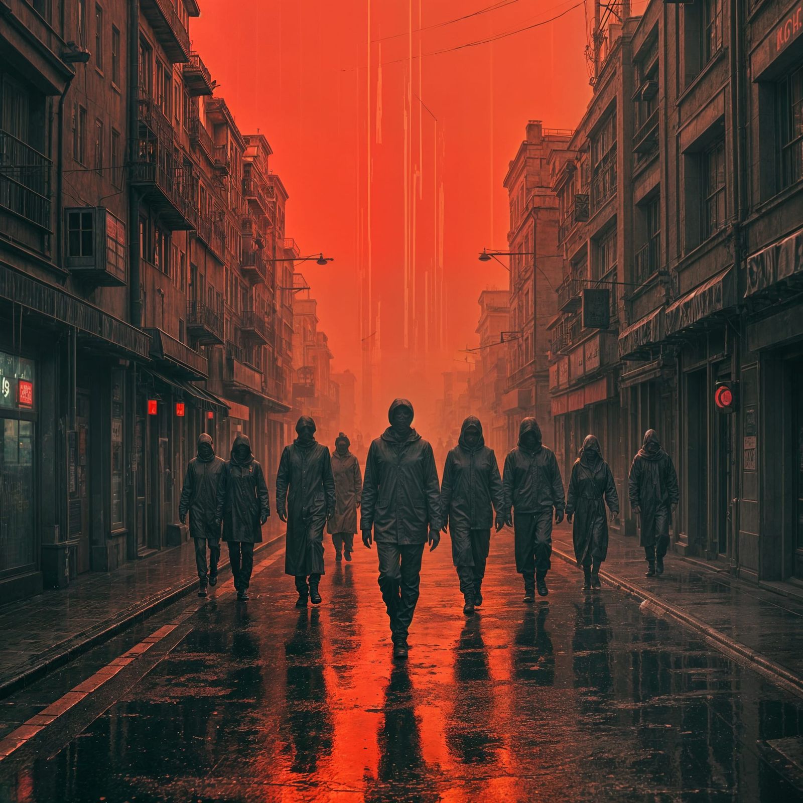 Faceless Figures in Red Sky City with Acid Rain