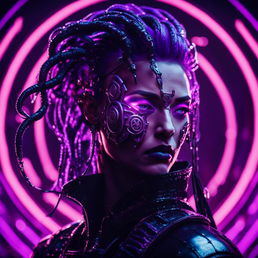 Cyberpunk Medusa Portrait with Glowing Purple Hair
