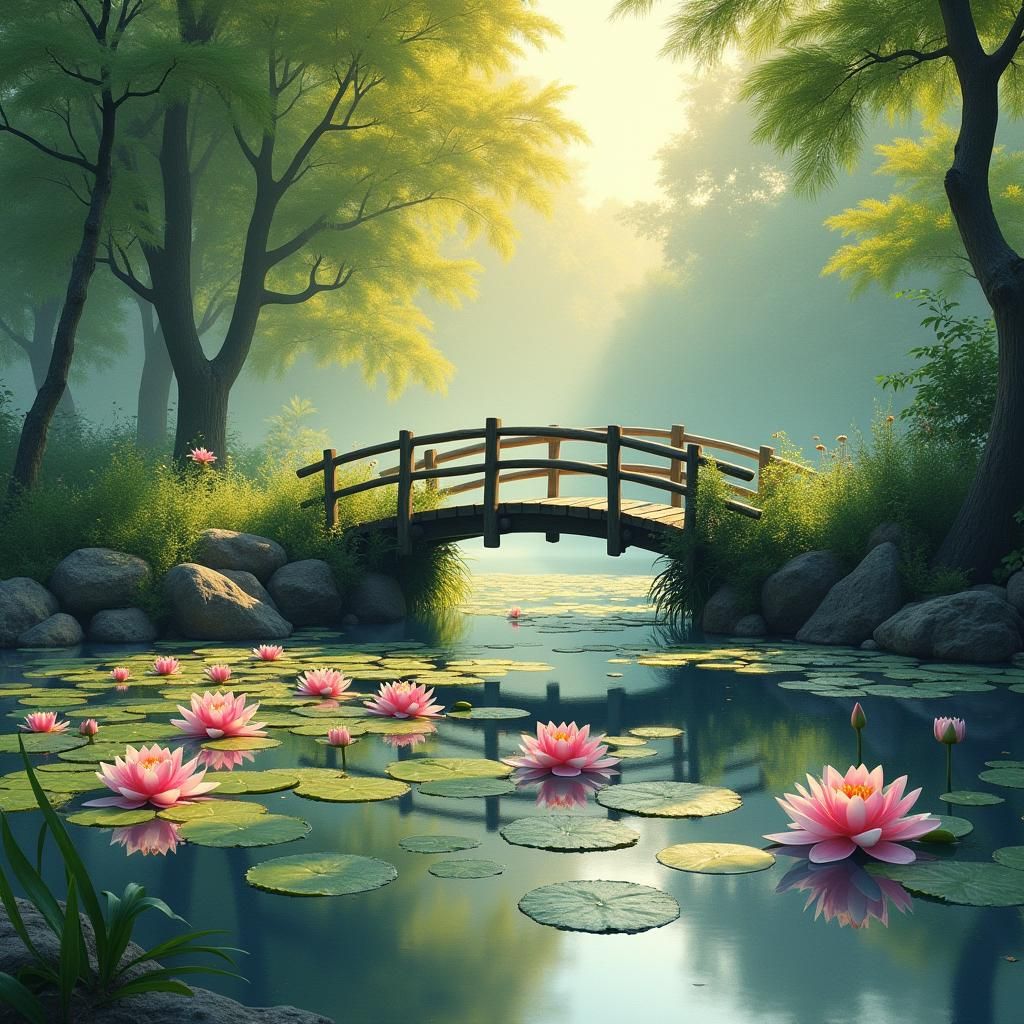 Japanese Garden with Water Lilies in Impressionist Style