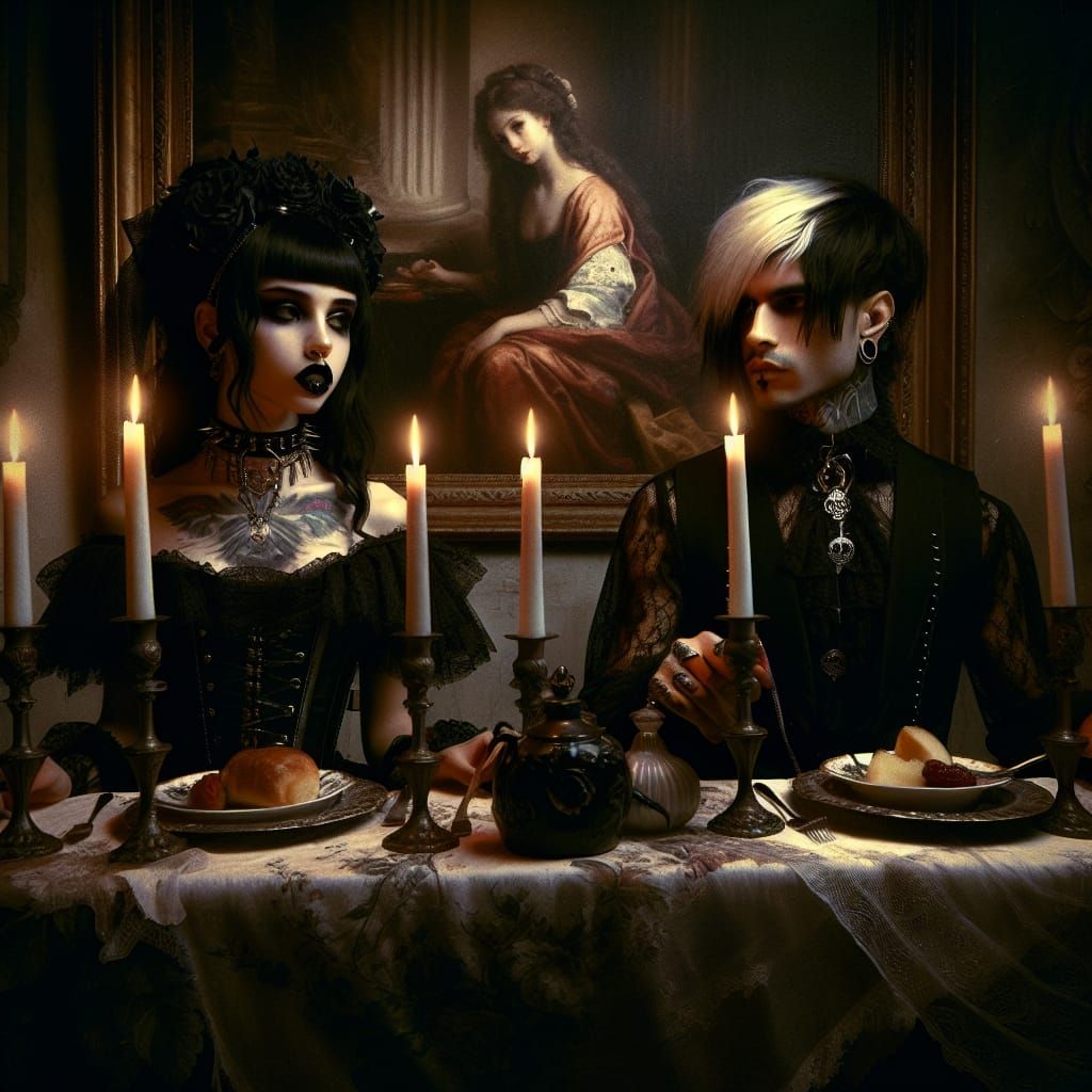 Gothic Punk Couple at Rococo Dinner, Digital Art