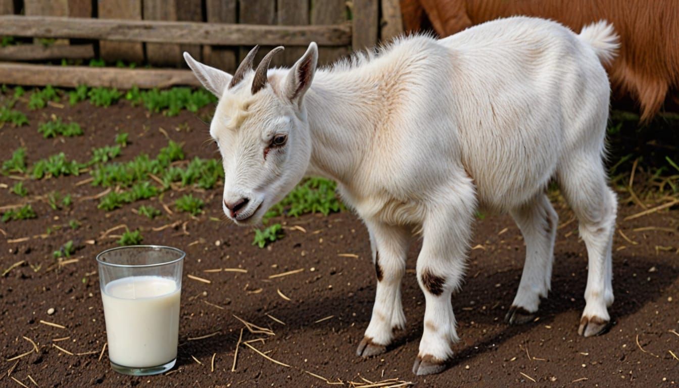 Hungry Baby Goat Enjoys Horse Milk