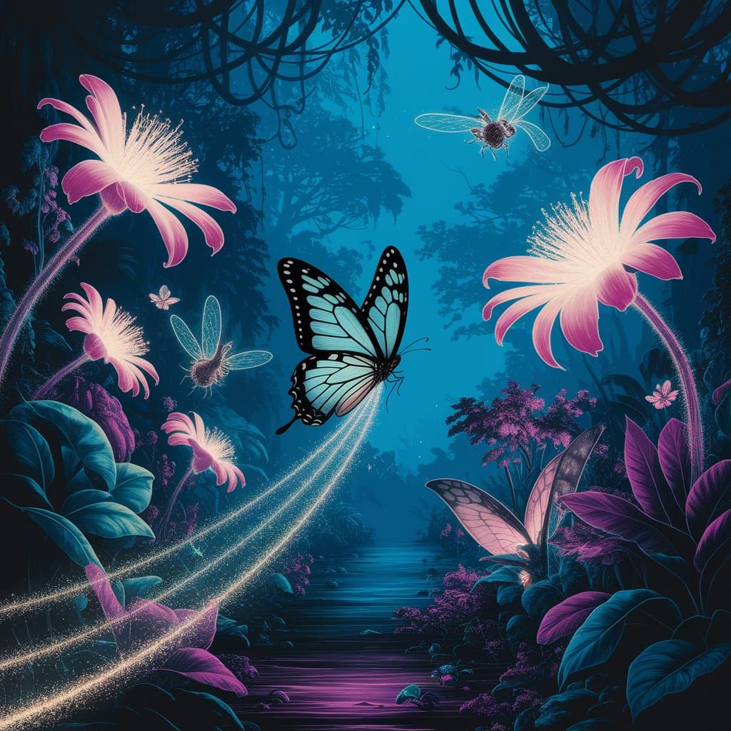 Bioluminescent Butterfly in Alien Jungle, Digital Art