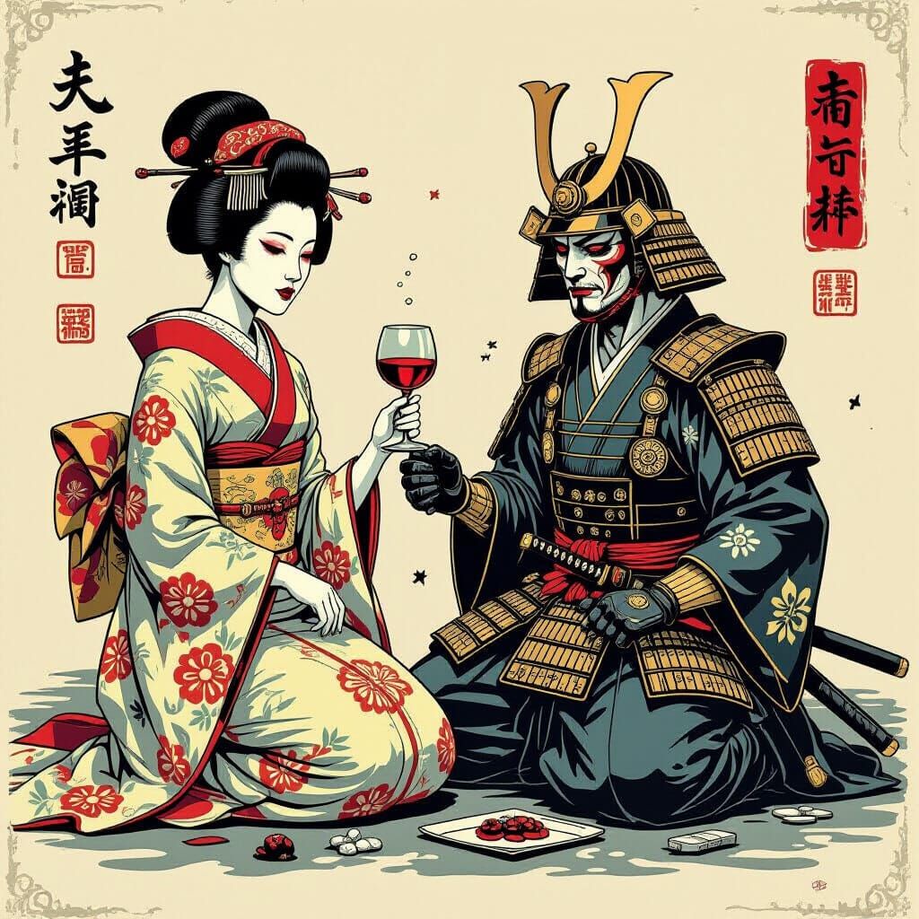 Surreal Geisha vs Samurai with Organs in Horror Poster Style