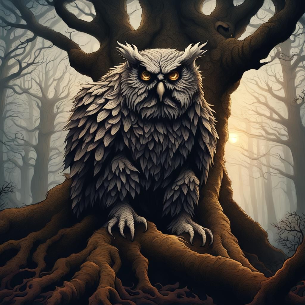Humanoid Owlbear in Mystic Forest Illustration