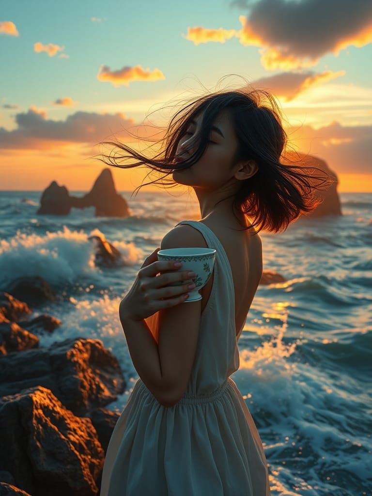 Woman Sipping Coffee by Raging Sea at Sunset