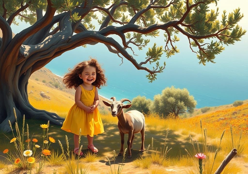 Girl and Goat in Sunny Impressionist Landscape