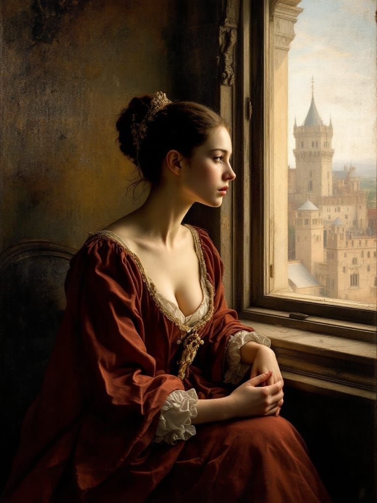 Renaissance Noblewoman Gazes From Castle Window