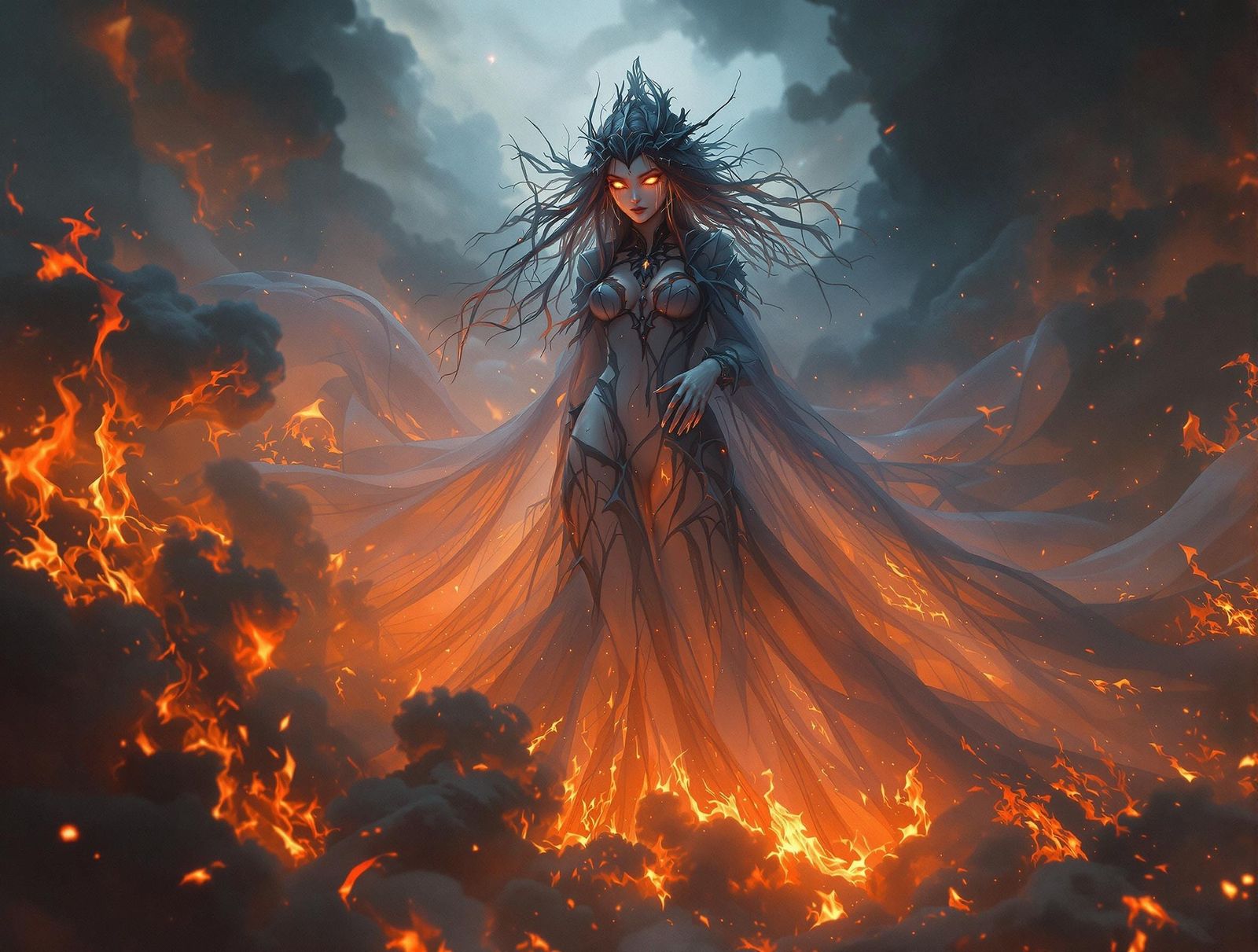 Ethereal Goddess of Unrequited Love in a Blazing Inferno