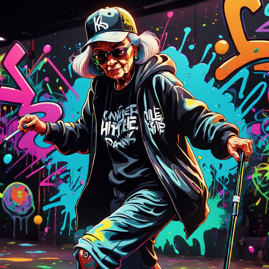 Cartoon Elderly Woman Dances in Vibrant Graffiti Art