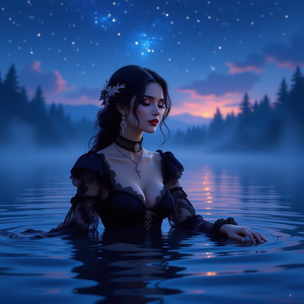 Goth Woman in Misty Lake: Fantasy Concept Art