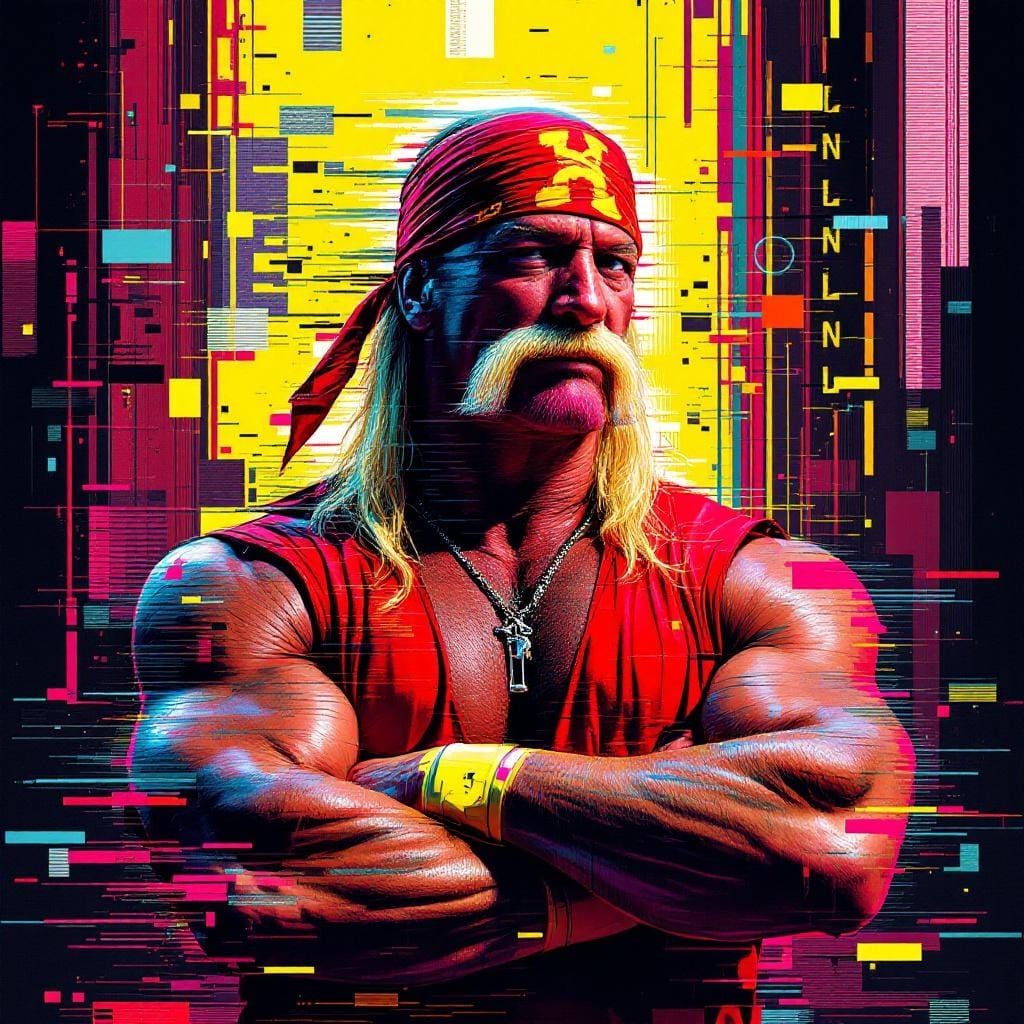 Glitch Art: Wrestler in Red and Yellow Attire